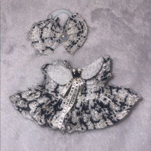 Labubu luxury plaid textured, tweed dress and bow net